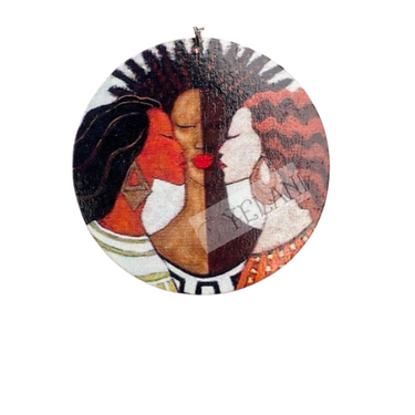 Sisterhood wooden disc earrings featuring Black women of different shades - 2.5 inch lightweight unity statement jewelry celebrating diversity